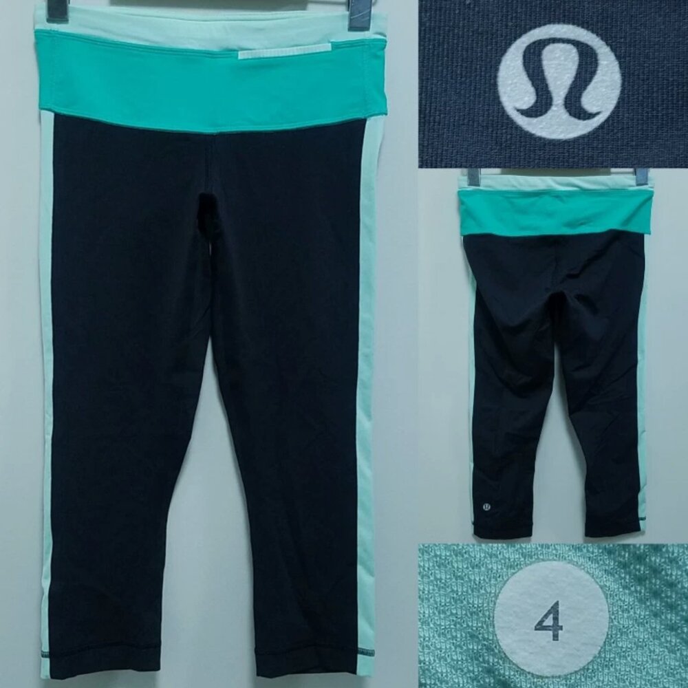 Lululemon Crop Leggings 4 XS Women's Black Mint Green 2 Tone Pant Capri Skinny